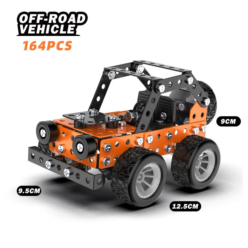 An orange off-road vehicle model made of metal building blocks with large tires and chassis components.