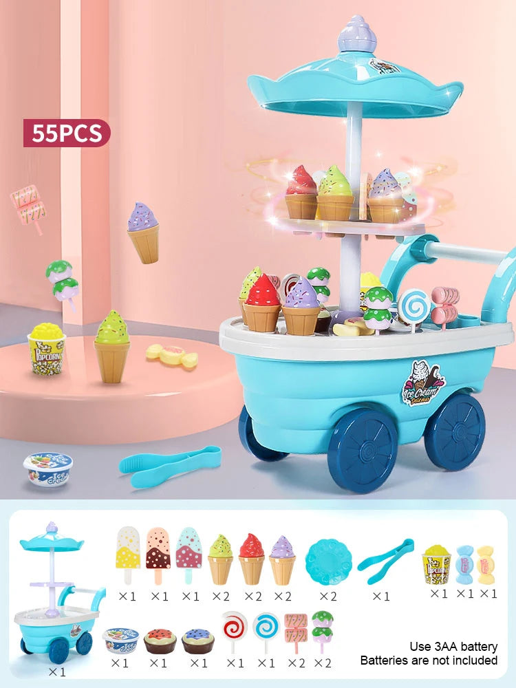 A blue ice cream truck pretend play set with various ice cream flavors and accessories for kids