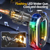 A close-up of a flashing LED water gun with an ice burst effect and a transparent body.
