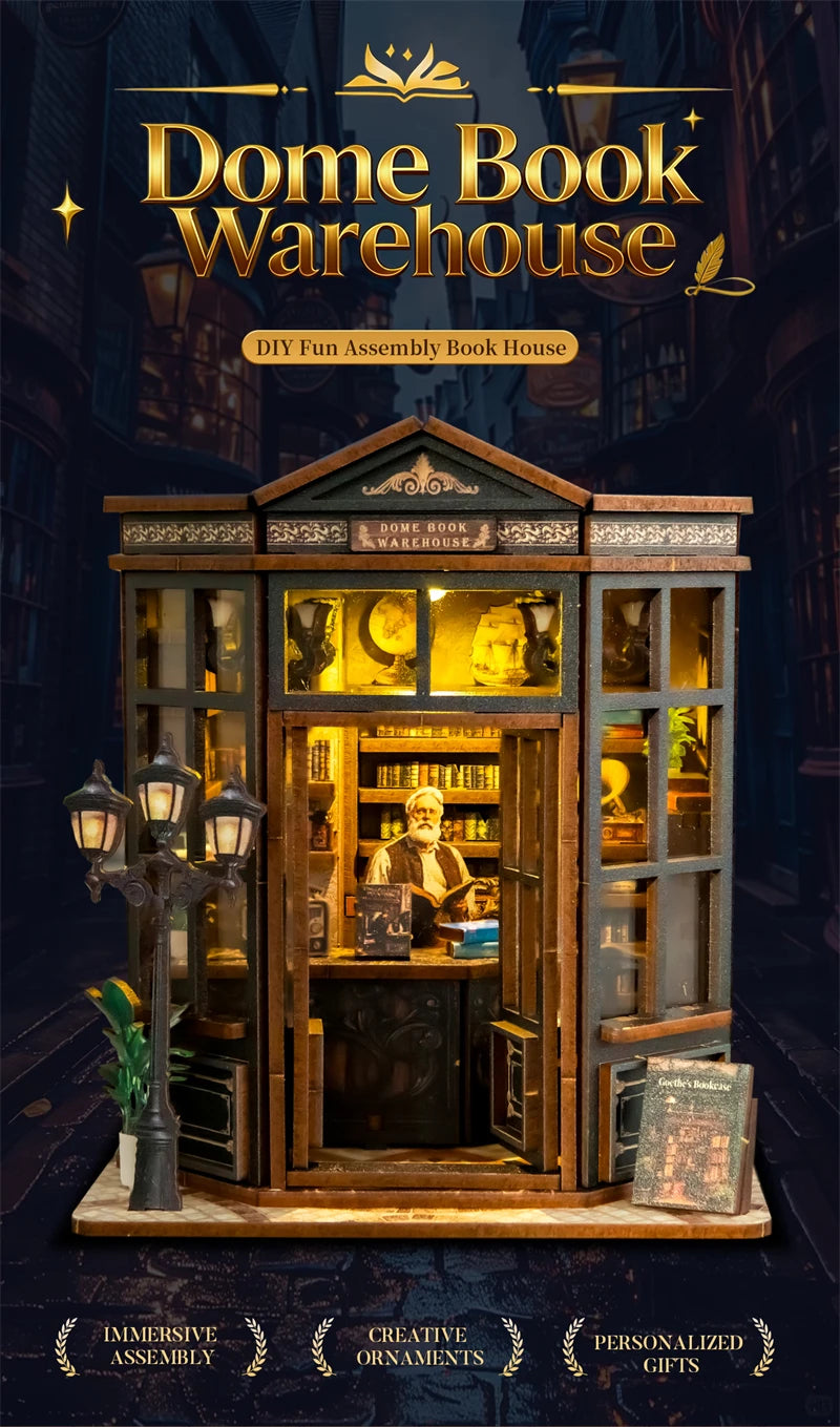 A wooden DIY book house kit featuring a display cabinet and bookshelf for creating an immersive bookstore scene.