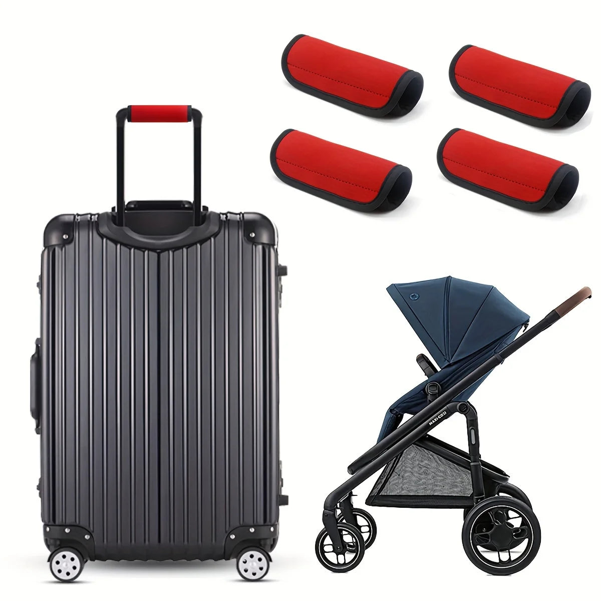 A black suitcase is shown next to a set of red neoprene luggage handle covers and a blue stroller.
