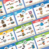 A collection of phonics learning cards featuring various vocabulary words like snake, snack, bone, fox, and hen.