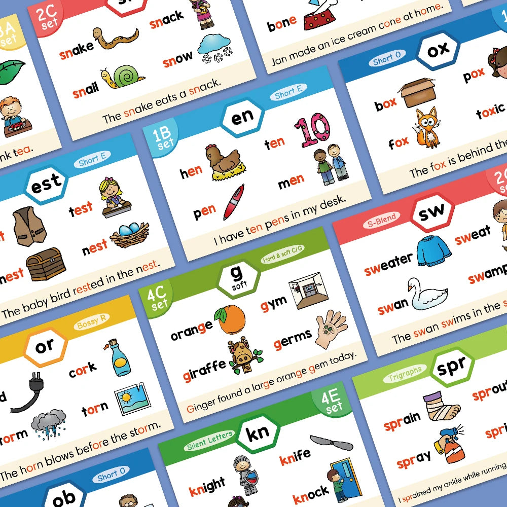 A collection of phonics learning cards featuring various vocabulary words like snake, snack, bone, fox, and hen.