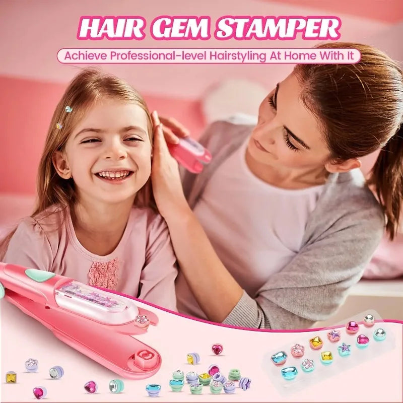 A young girl and an adult woman are using a pink hair gem stamper tool to style hair at home.