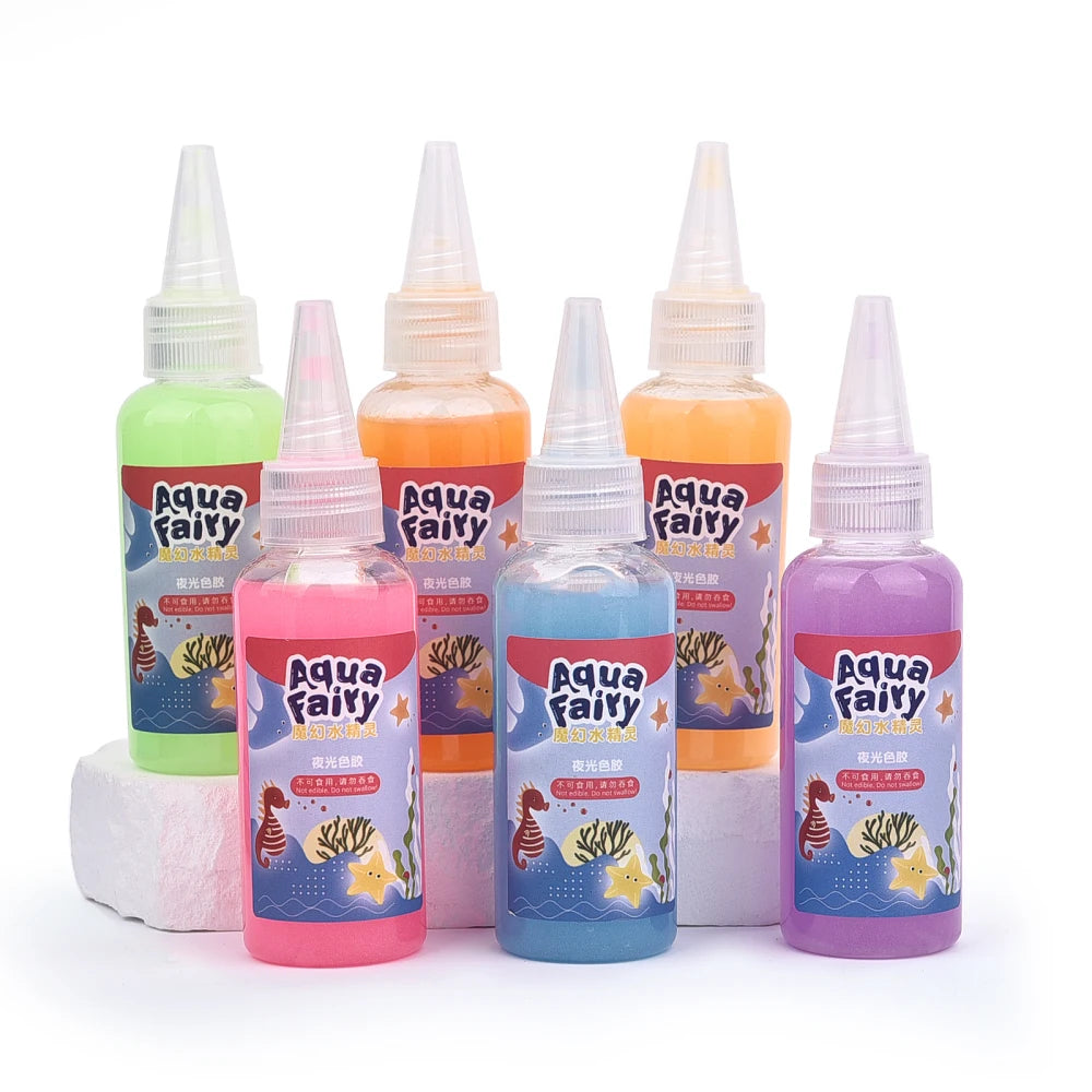 A collection of glow-in-the-dark liquid products in various colors packaged in dropper bottles.