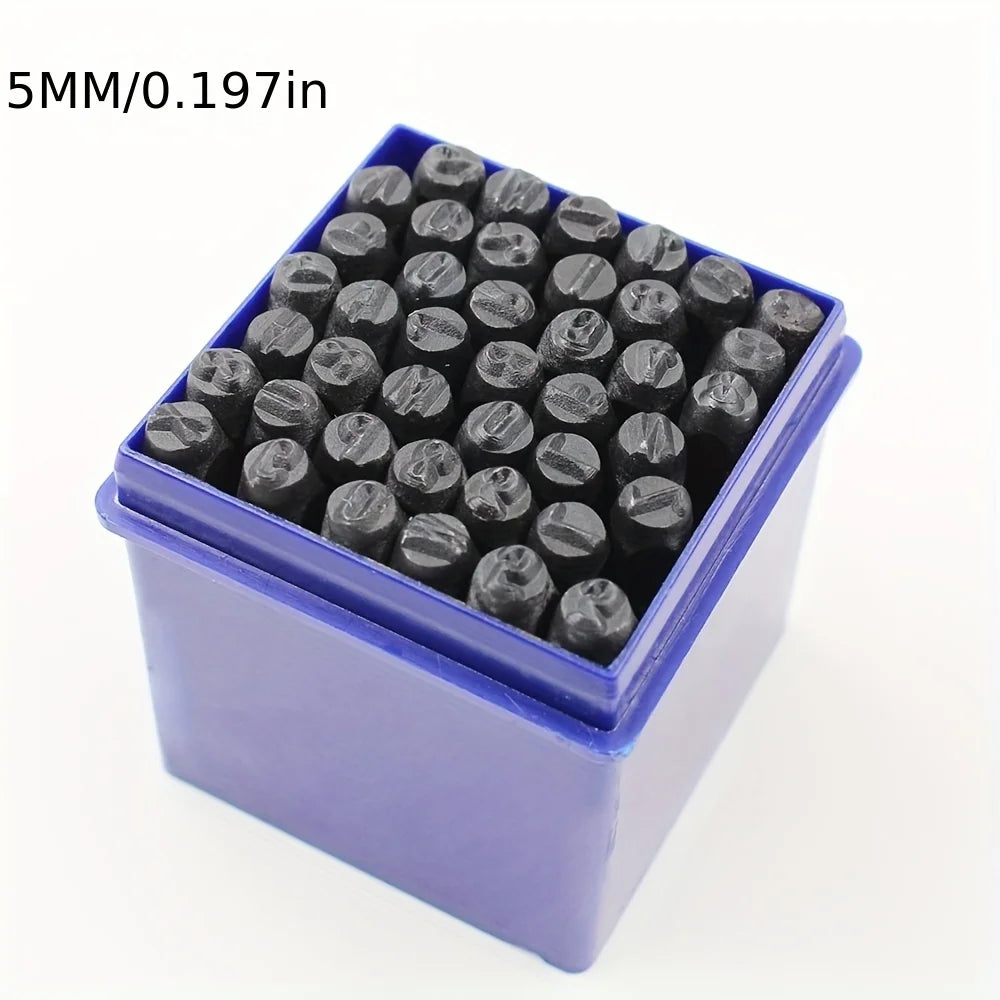 A purple plastic box filled with 36 carbon steel number and letter stamping pins.
