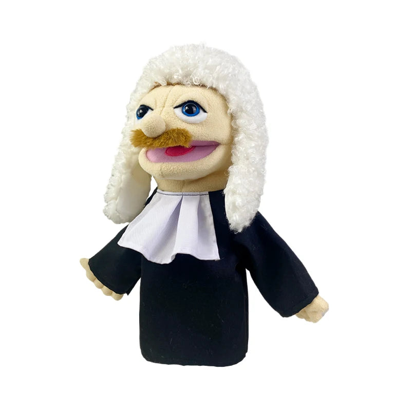 A plush hand puppet resembling a wizard with a white beard, mustache, and black robe.