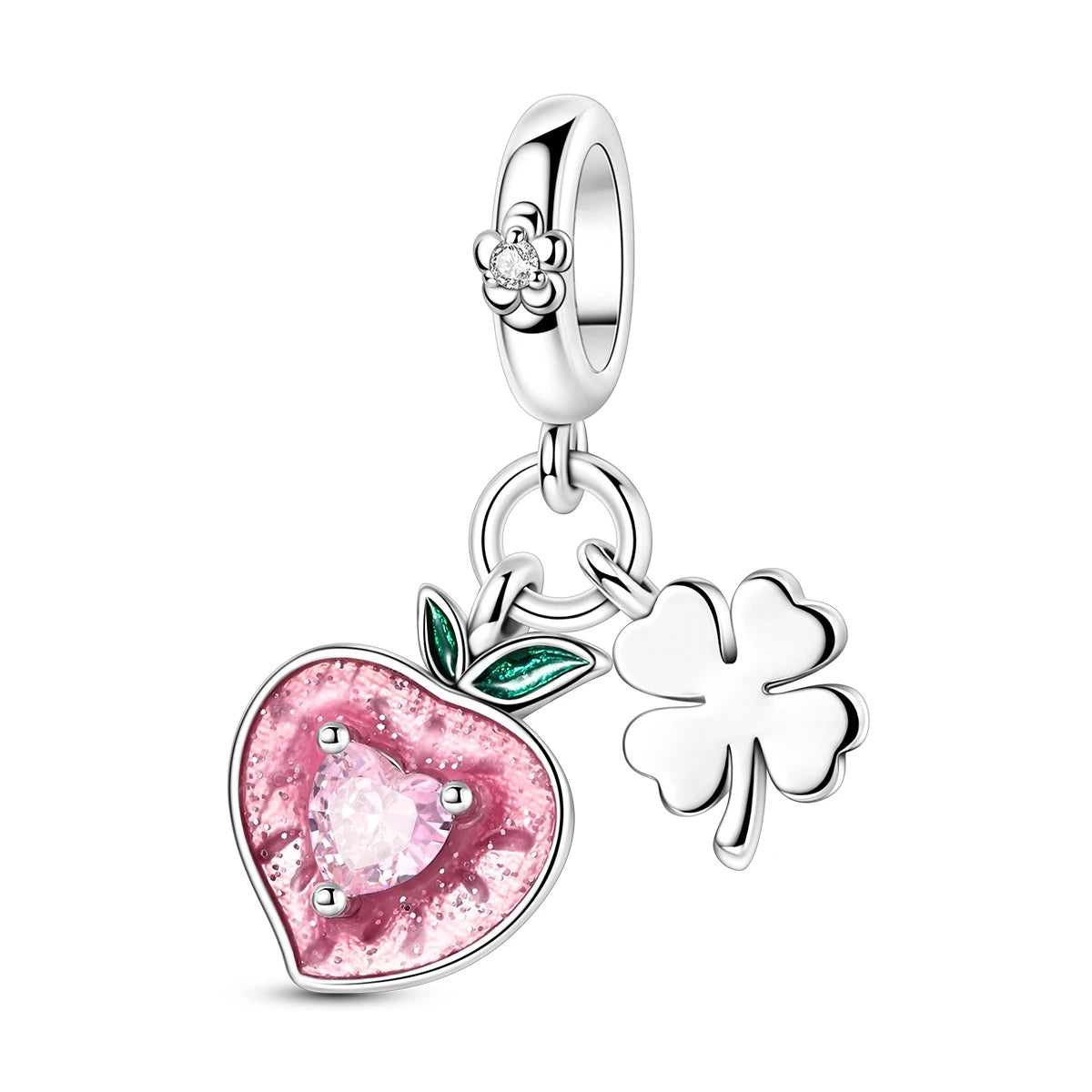 A silver fruit charm featuring a pink apple with a green leaf and a small zircon flower detail.