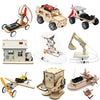 A collection of DIY wooden paddle boat STEM science kits for kids, including a wooden boat, a wooden excavator, and a wooden 