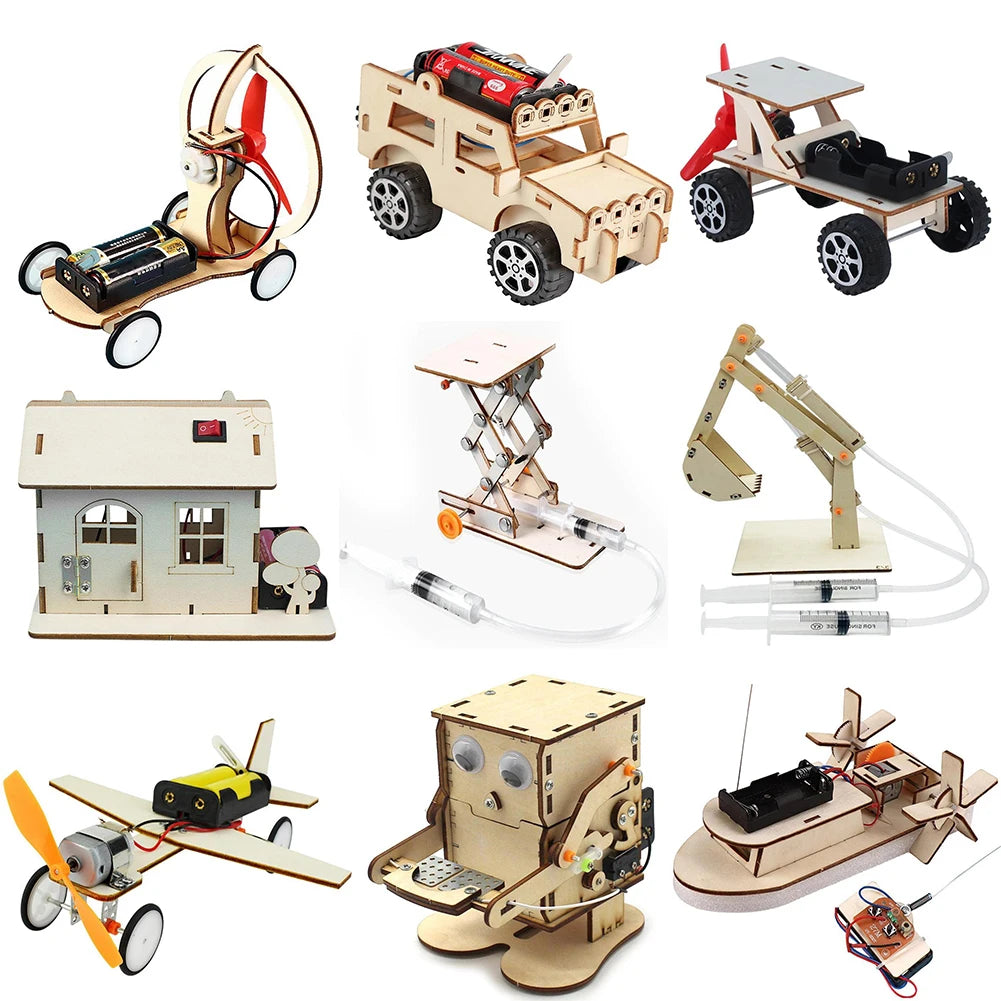 A collection of DIY wooden paddle boat STEM science kits for kids, including a wooden boat, a wooden excavator, and a wooden 