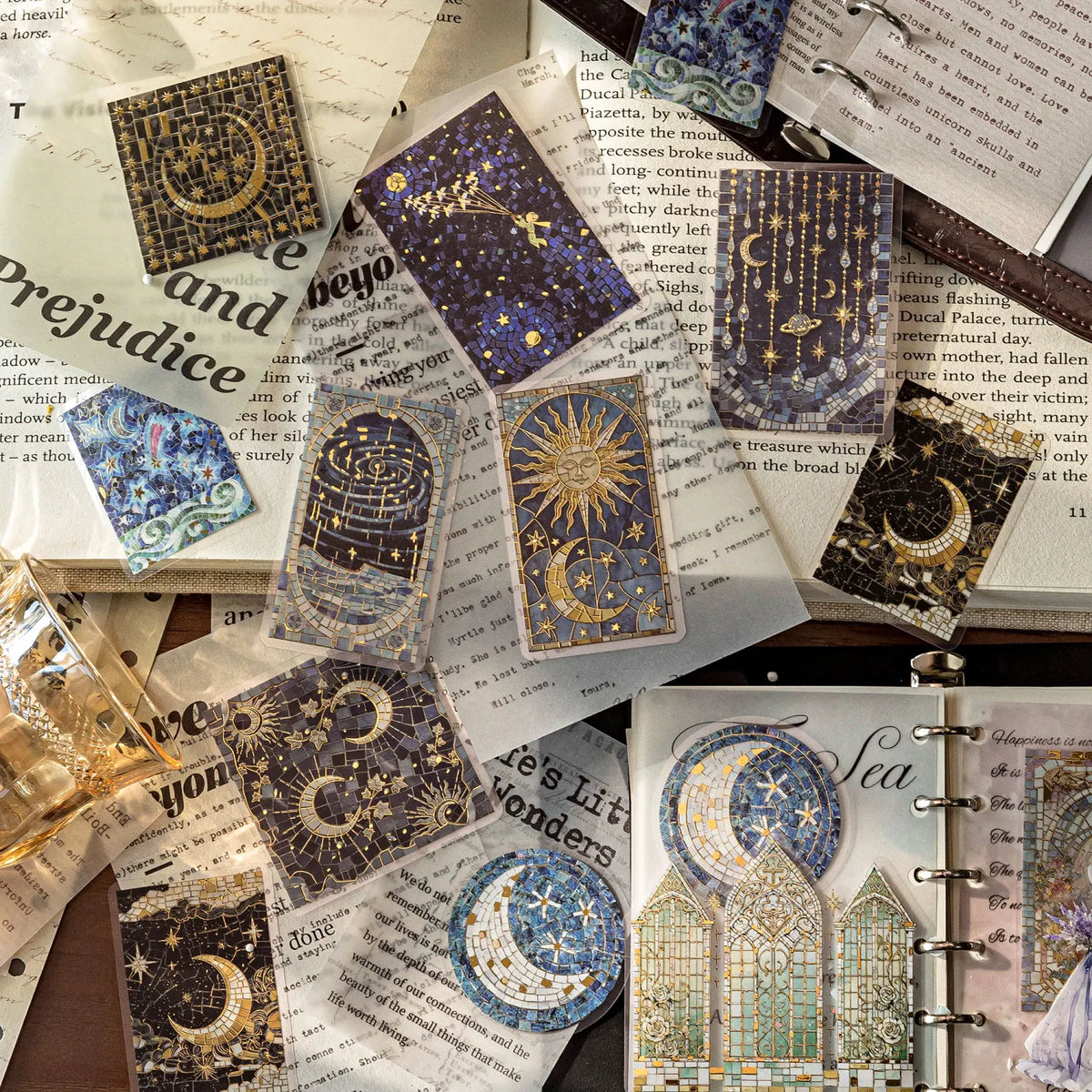 A collection of decorative PET stickers featuring celestial and mystical designs for journaling and scrapbooking