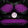 A set of three purple quilted plush anti-slip car seat cushions shown in the interior of a car.