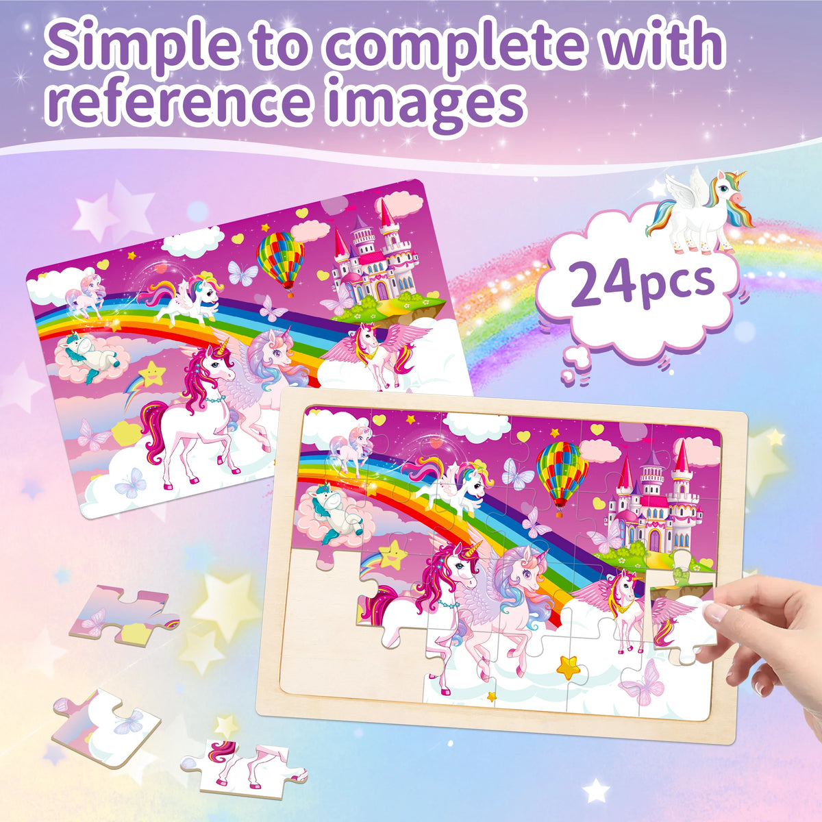A set of four wooden jigsaw puzzles featuring unicorn and princess characters for toddlers.