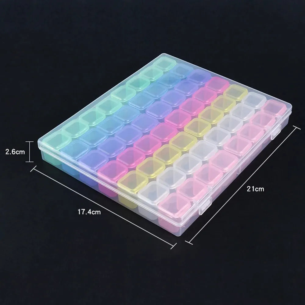 A clear plastic diamond painting storage box with multiple colored organizer trays arranged in a grid.