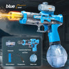 A blue automatic electric water gun with a large tank, telescope, and explosive flash head is shown against a dark background