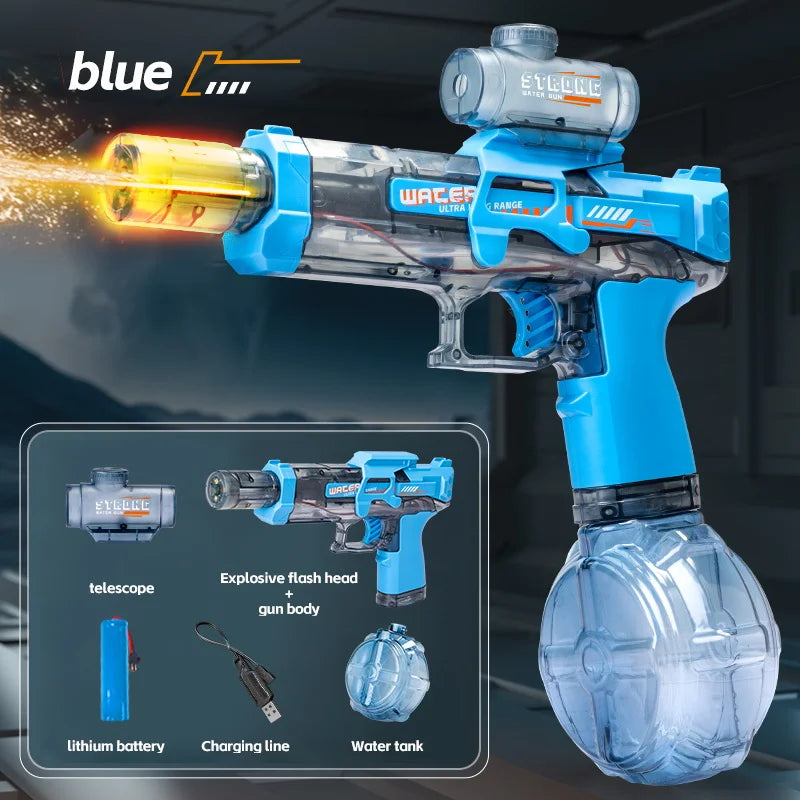 A blue automatic electric water gun with a large tank, telescope, and explosive flash head is shown against a dark background