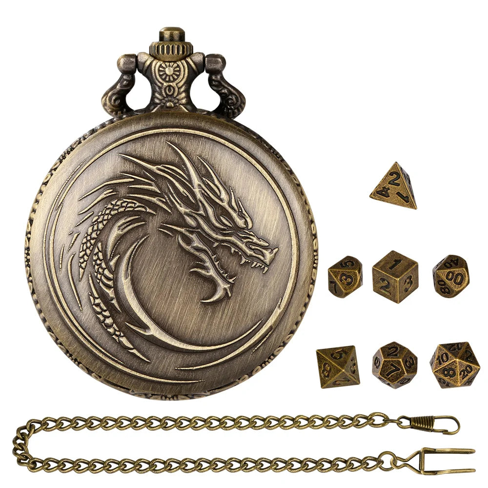 A brass steampunk dragon pocket watch dice case with a chain and seven small dice.