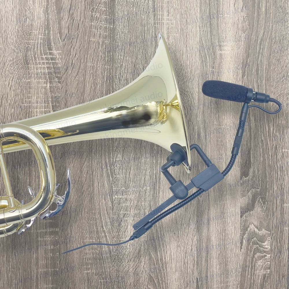 A gold-colored clip-on condenser microphone with a gooseneck attached to an acoustic instrument.