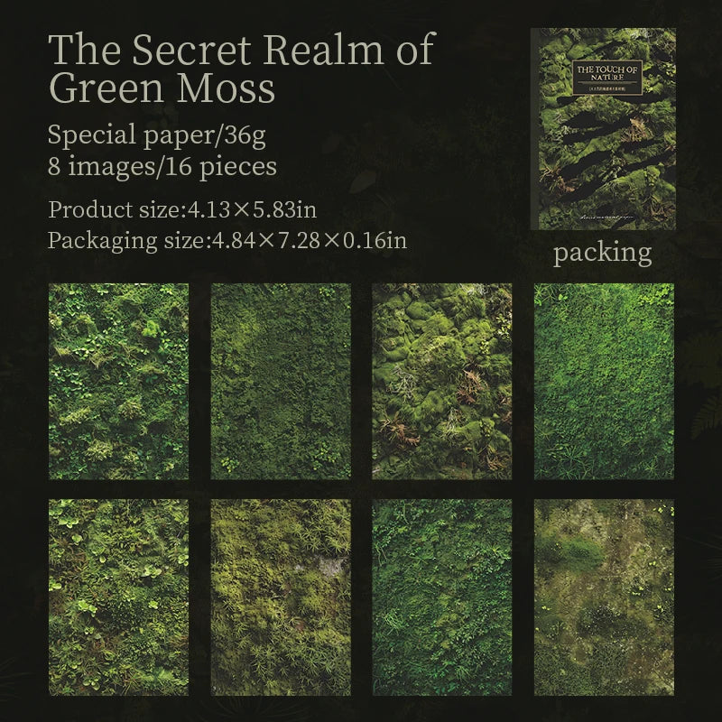 A collection of sixteen square images of green moss textures printed on special paper.