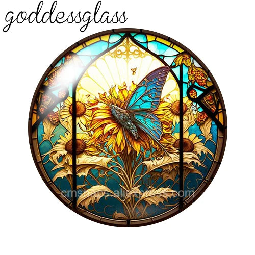 Round glass cabochons for jewelry making featuring a detailed butterfly and floral design in stained glass style.