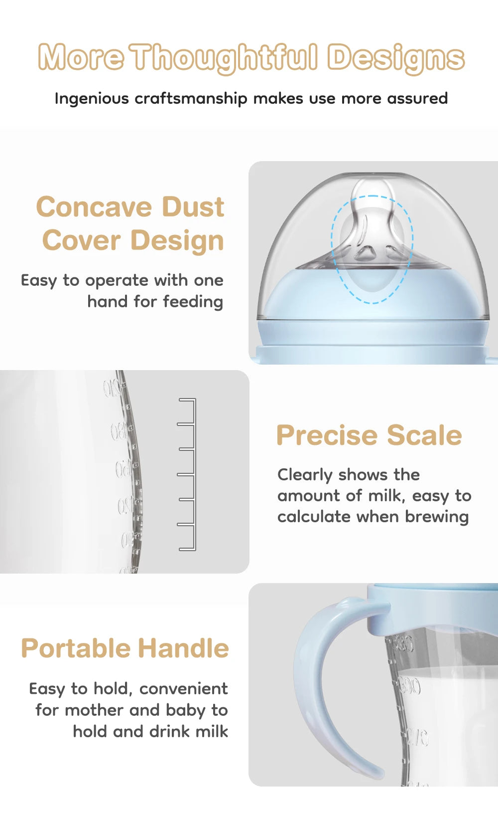 A clear baby bottle with a concave dust cover design, precise scale markings, and a portable handle for feeding.