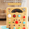 A wooden educational board featuring various lights, switches, and components for early cognition and scientific enlightenmen