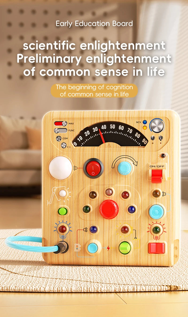 A wooden educational board featuring various lights, switches, and components for early cognition and scientific enlightenmen