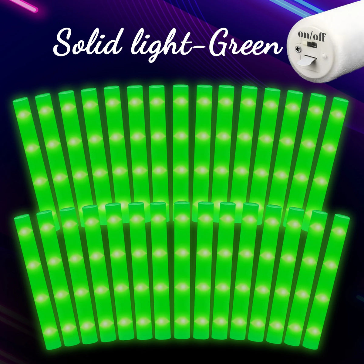 A row of green LED foam glow sticks illuminating a bright green light.