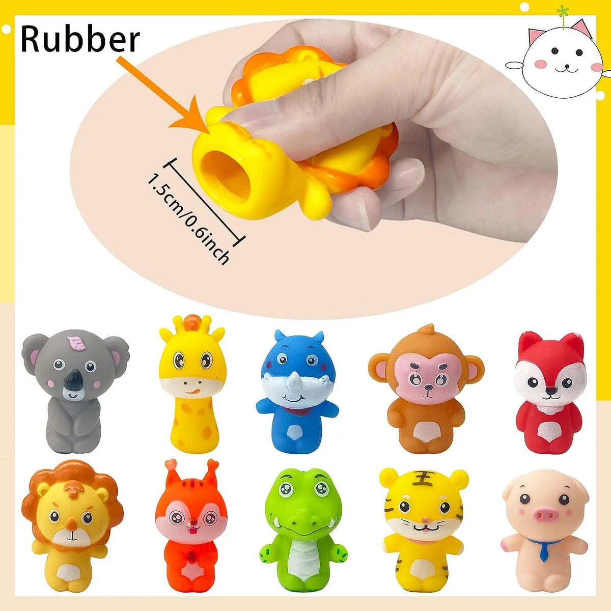 A collection of ten soft rubber animal finger puppets for kids, including a elephant, a bird, a cat, a monkey, a tiger, and o