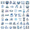 A collection of watercolor stickers featuring winter themes like snow, ice, Christmas trees, and animals for DIY decor.
