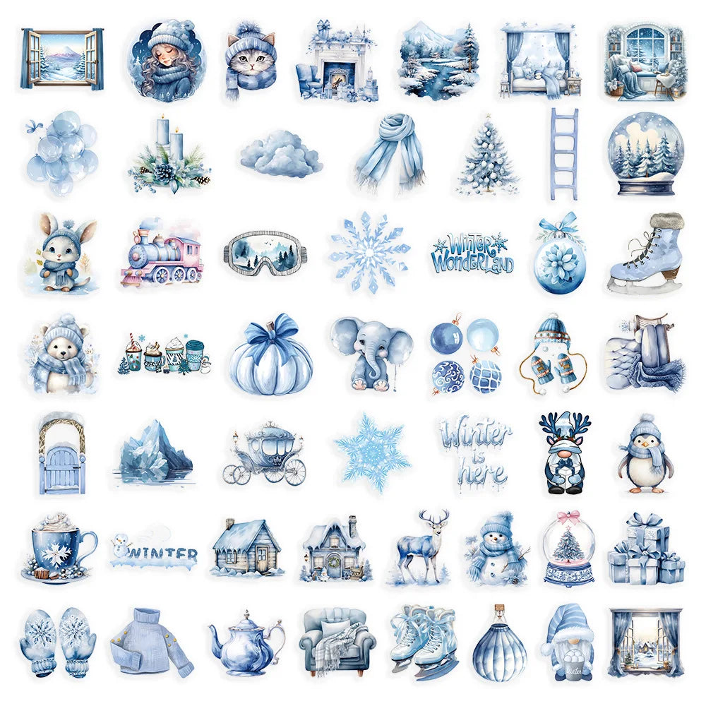 A collection of watercolor stickers featuring winter themes like snow, ice, Christmas trees, and animals for DIY decor.