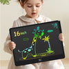 A young girl holds a 16 inch reusable LCD writing tablet displaying a colorful giraffe doodle on a black screen.