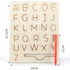 A wooden Montessori letter tracing board showing uppercase and lowercase letters for early learning