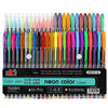 A set of metallic glitter gel pens in various colors and finishes displayed in a plastic packaging.