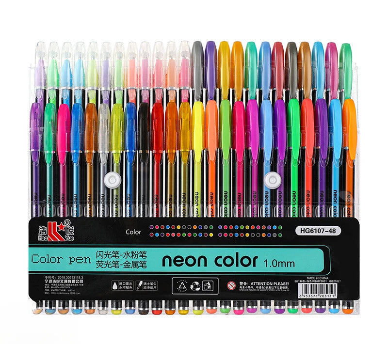 A set of metallic glitter gel pens in various colors and finishes displayed in a plastic packaging.