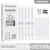 A box of 10 pens and 5 refills for a Metaverse set of 9-color quick-dry gel pens with smooth 0.5mm tips.