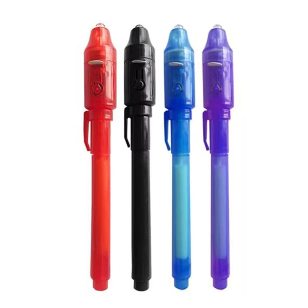 A set of four invisible ink spy pens with UV light for secret messages in red, black, and purple.