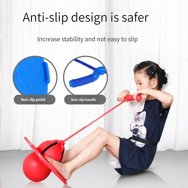 A child is using a red frog jump bouncing ball for height training and balance exercise.