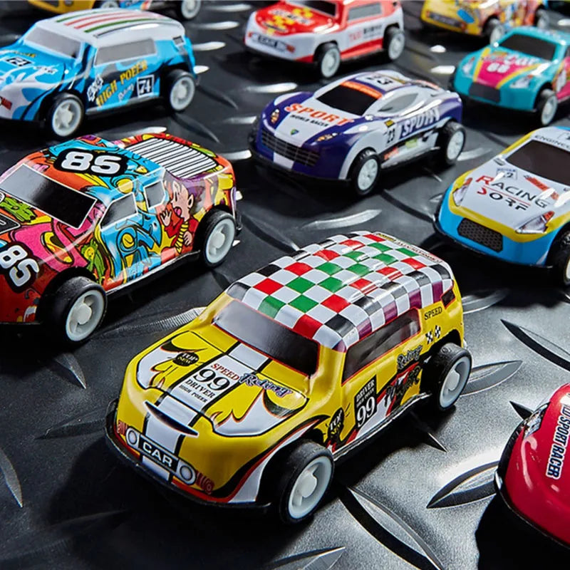 A collection of colorful mini pull-back racing cars displayed on a dark surface.