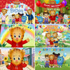 A collage of cute cartoon tigers celebrating a happy birthday party backdrop for kids and baby showers.