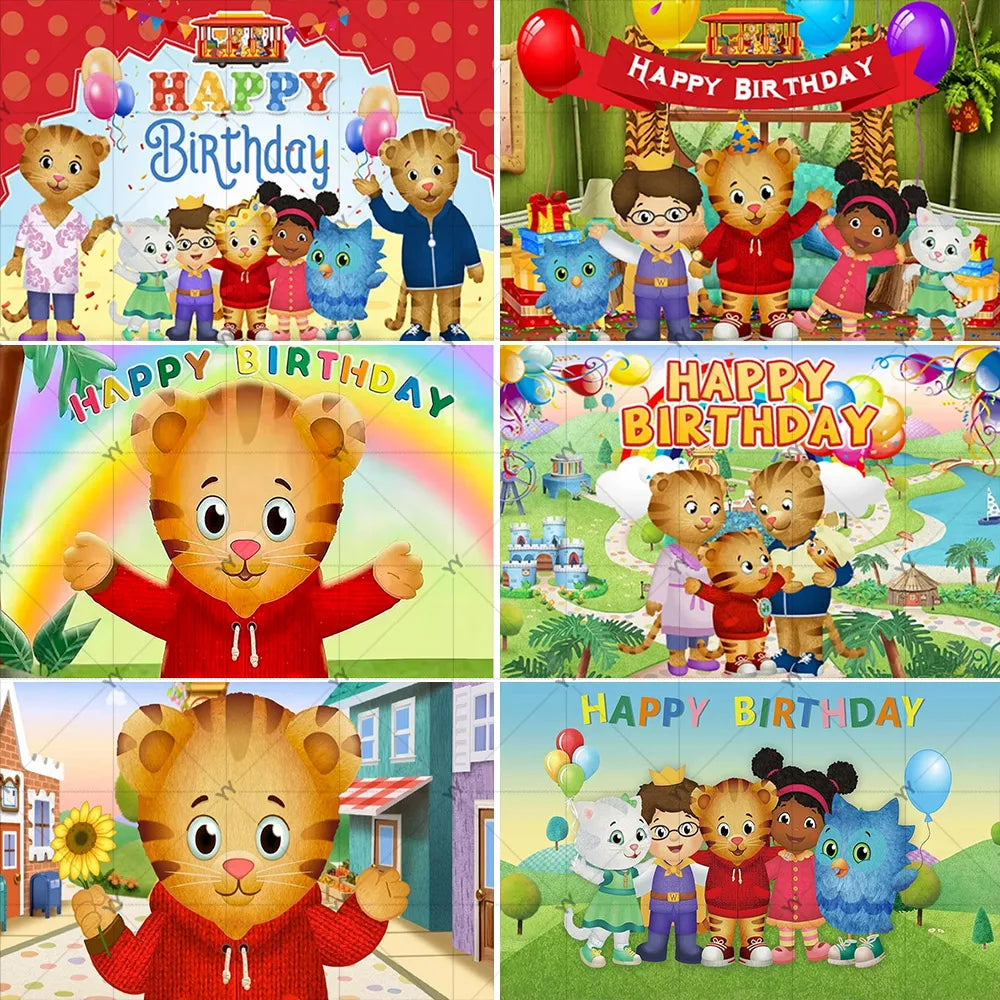 A collage of cute cartoon tigers celebrating a happy birthday party backdrop for kids and baby showers.
