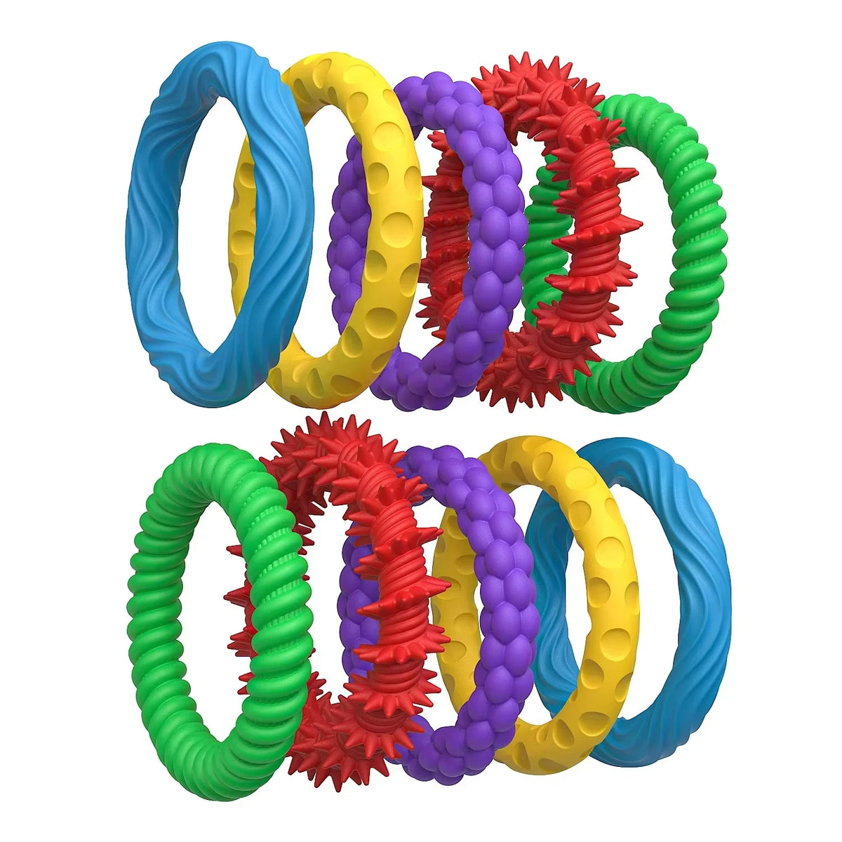 A set of colorful sensory fidget bracelets featuring various colors like blue, yellow, purple, and green.