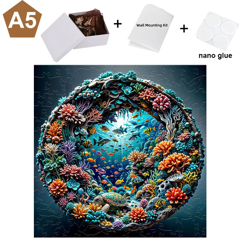 A set of materials including a wooden puzzle piece, a wall mounting kit, and nano glue for creating an animal-shaped mosaic a