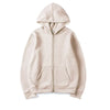 A light beige oversized zip-up hoodie with a hood and front pocket.