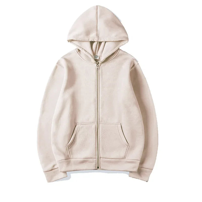 A light beige oversized zip-up hoodie with a hood and front pocket.
