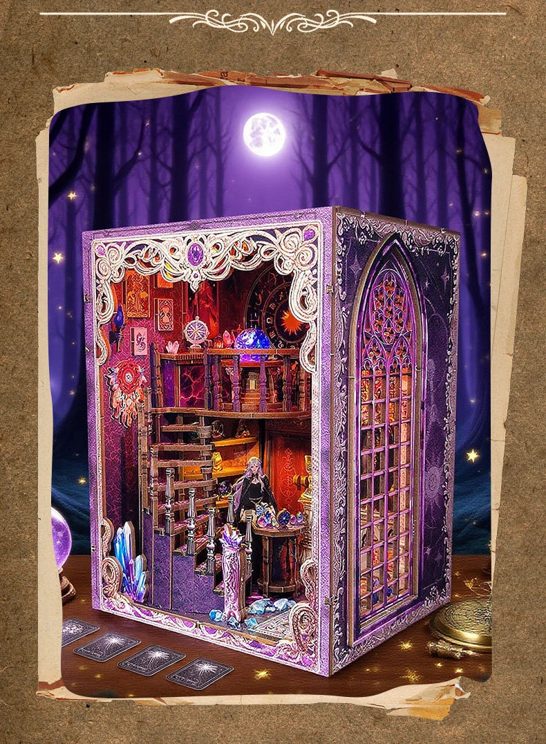 A detailed box kit for a tarot association book nook featuring intricate purple and gold designs with internal LED lighting.