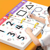 A child is writing on a reusable pen control practice book set featuring various geometric shapes and numbers.