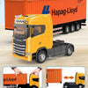 Diecast container truck model showing a yellow Scania truck pulling an Alloy Locomotive Carriage.