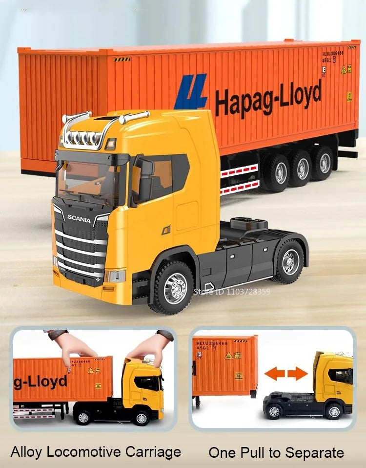 Diecast container truck model showing a yellow Scania truck pulling an Alloy Locomotive Carriage.