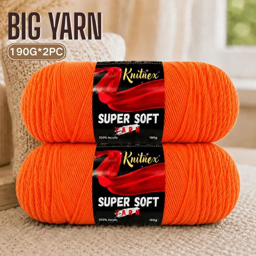 Two orange Super Soft Knitnex acrylic yarn skeins displayed on a light background.